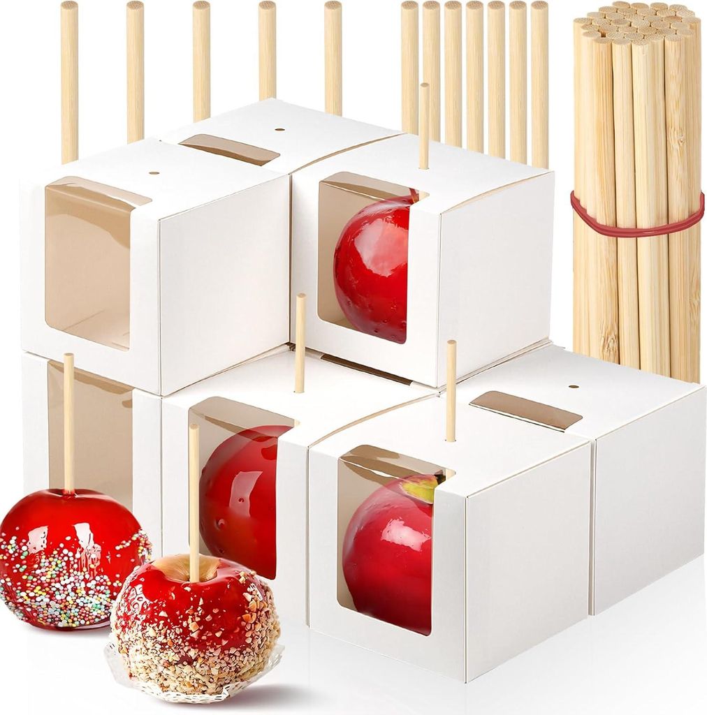 30er-Packung Zuckerapfel-Schachteln mit Stielen, 10 x 10 x 10 cm gro?e Kraftpapier-Geschenkbox mit Sichtfenster fš¹r Halloween, Thanksgiving, Hoc...