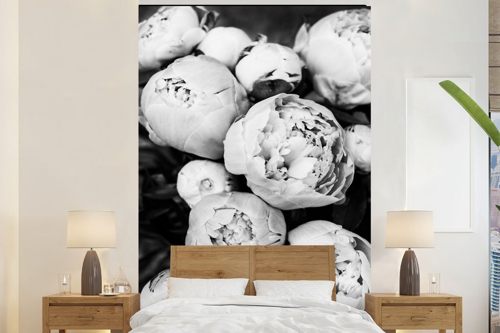 MuchoWow Fototapete für Wohnzimmer oder Schlafzimmer Wandtapete Vinyl Motivtapete Blumen - Weiß - Natur - Schwarz und Weiß - 145x220 cm - Wand...