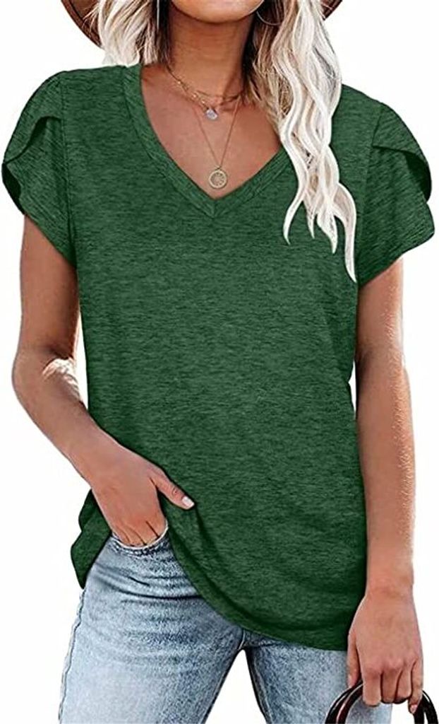 ASKSA Damen V-Ausschnitt Kurzarm T-Shirt Blütenblatt Ärmel Tops Shirts Sommer Casual Tunika Oberteile, Grün, L