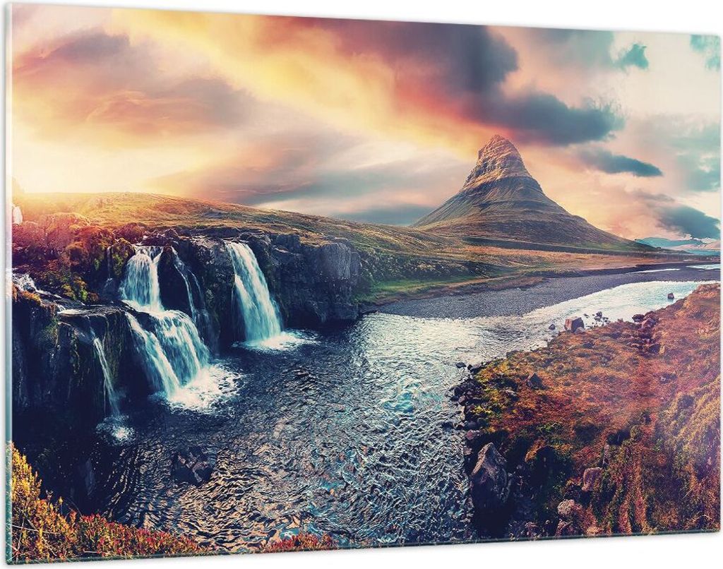 Bilder auf glas - Einteilig - Wasserfall Himmel Berg - 120x80cm - Glasbilder - Wandbilder - Bilder - zum Aufhängen bereit - Wanddekoration aus Gla...