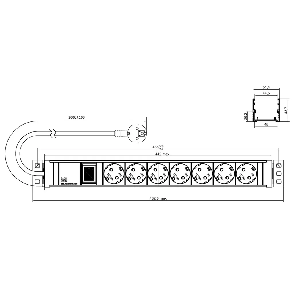 BACHMANN 19" 1.5HE Multiprise Rackable 7xCEE7/3 Interrupteur Câble 2m