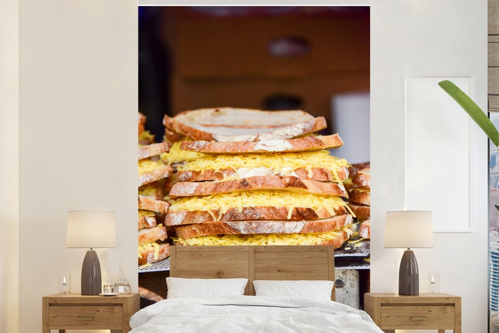 MuchoWow Fototapete für Wohnzimmer oder Schlafzimmer Wandtapete Vinyl Motivtapete Stapel von Sandwiches auf einem Markt - 200x300 cm - Wanddekor...