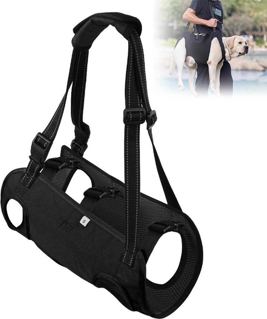 A black dog support harness is shown in the foreground, with a smaller inset image of a person using a similar harness to help a dog walk.