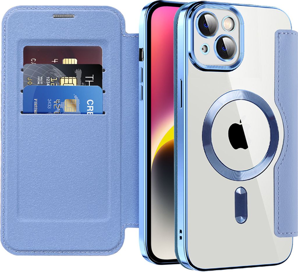 Klapphülle für iPhone 15 Kompatibel mit Magsafe, Klar Überzug Kartenhalter Ledertasche mit Kameraschutz Hellblau