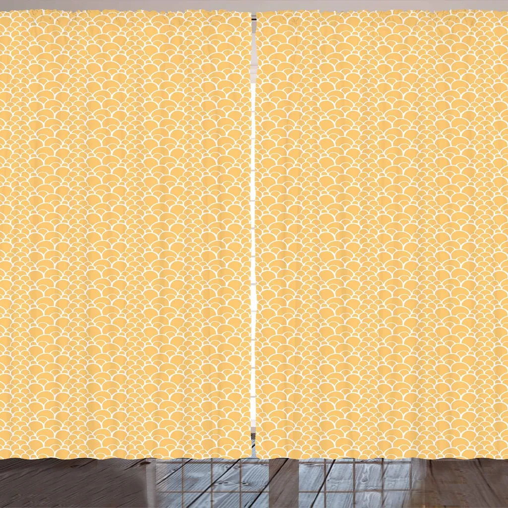 Tenda ARANDE con motivo a squame di pesce, motivo a pelle di lucertola con passanti, stampa esotica con animali, design moderno, 280 x 260 cm, senape e bianco