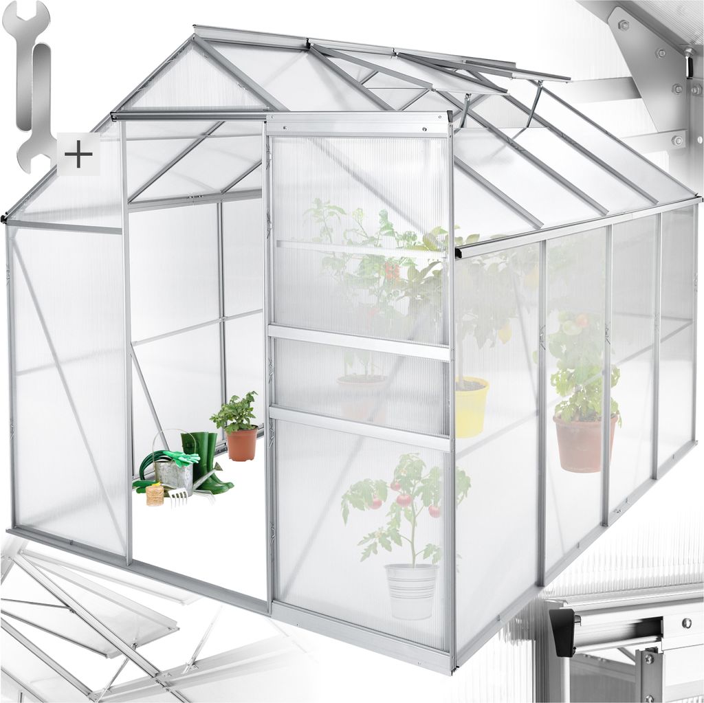 A greenhouse with plants inside, shown from the front with the door open.