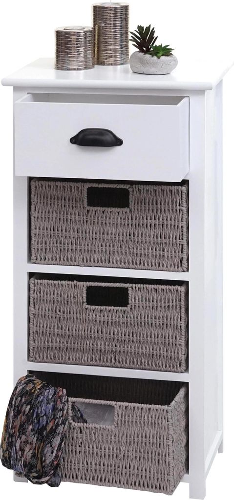 A white wooden chest of drawers with three gray woven baskets and one drawer. Decorative items are on top.