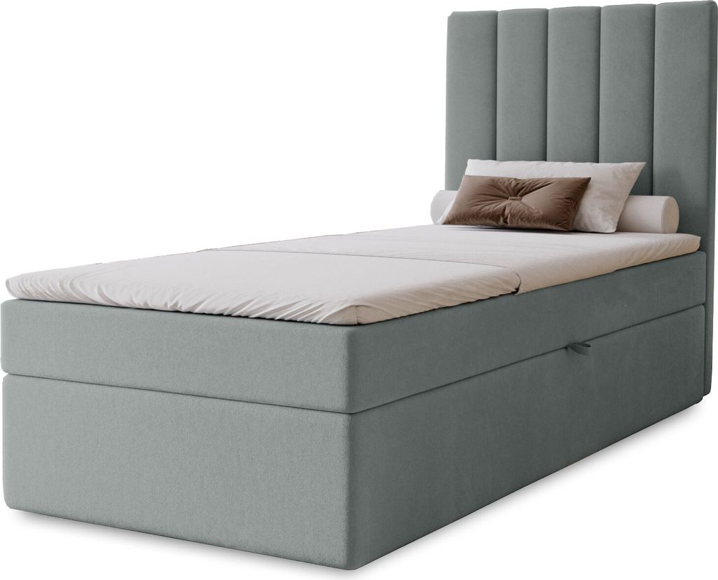 Boxspringbett Nero mit Bettkasten, 100x200, Farbe: Grau, Velourstoff, Doppelbett mit Bonell-Matratze inkl. Topper
