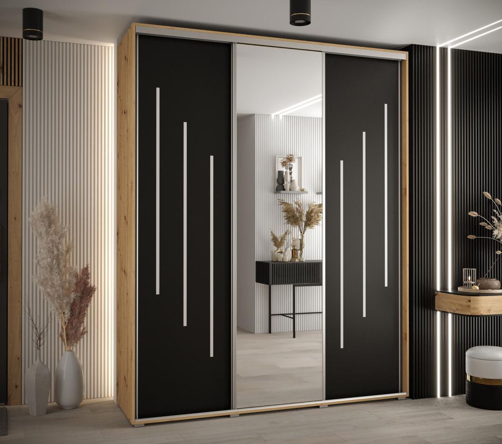 Kleiderschrank YVONA 9 - 200/45 cm, Eiche handwerklich / schwarz / silber