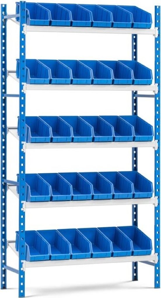Schrägbodenregal MAXIMUS mit 30x Sichtlagerboxen à 5,6L | Fachlast 130kg | Grundregal | HxBxT 200x100x40cm | 5 Ebenen | Lichtblau/Lichtgrau