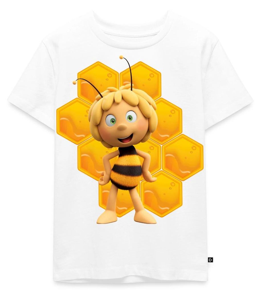 Spreadshirt Die Biene Maja 3 Maja Mit Bienenwabe Kinder Premium T-Shirt, 110/116 (4 Jahre), Weiß