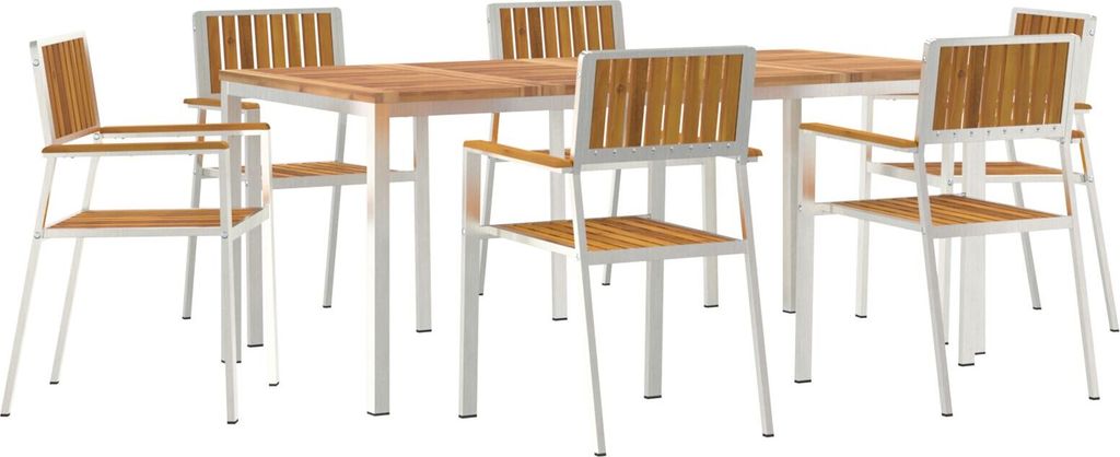 Möbel 7-teiliges Garten Essset aus Massivholz Akazie, Outdoor Esstisch 180x90x75 cm aus Massivholz Akazie, Stapelbare Gartenstühle 2 Stück aus M...