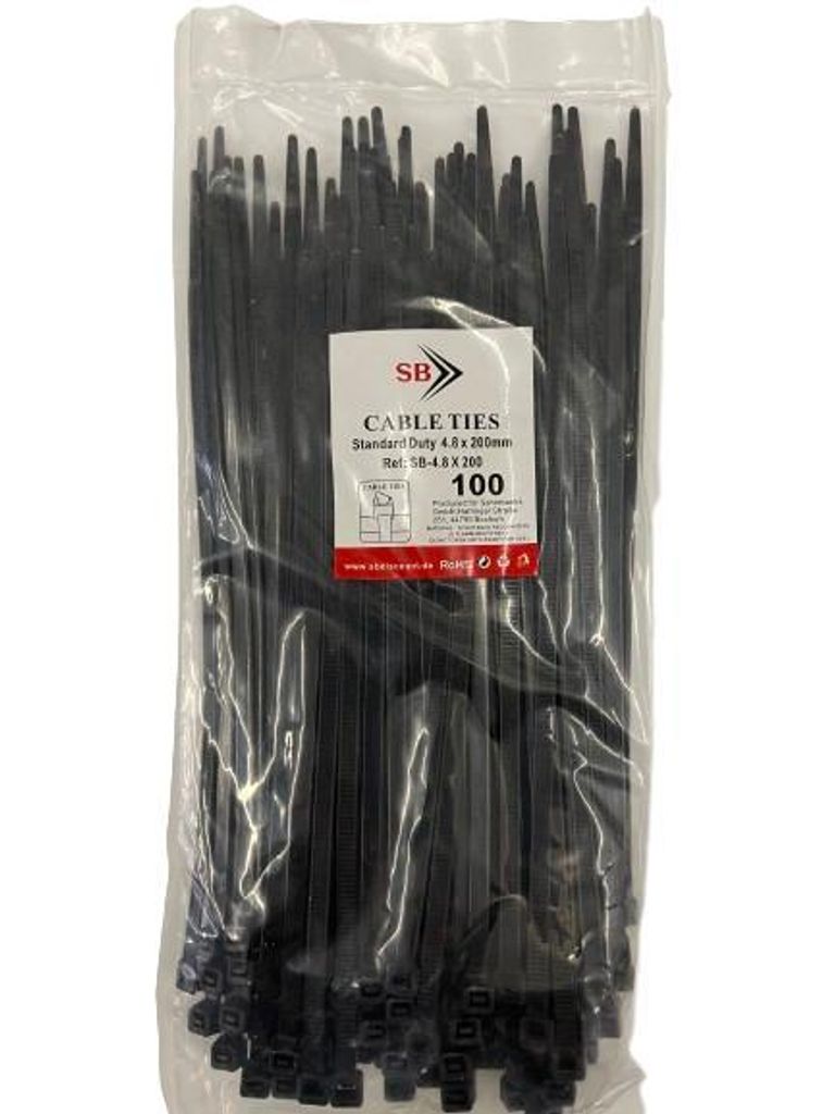 Kabelbinder 200 x 4,8 mm Schwarz (100 Stück) UV-beständig Produktbild 