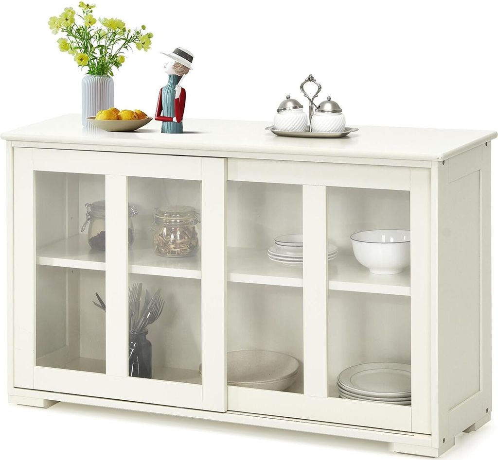 A white sideboard cabinet with glass sliding doors, displaying various kitchen items and decorative elements on top.