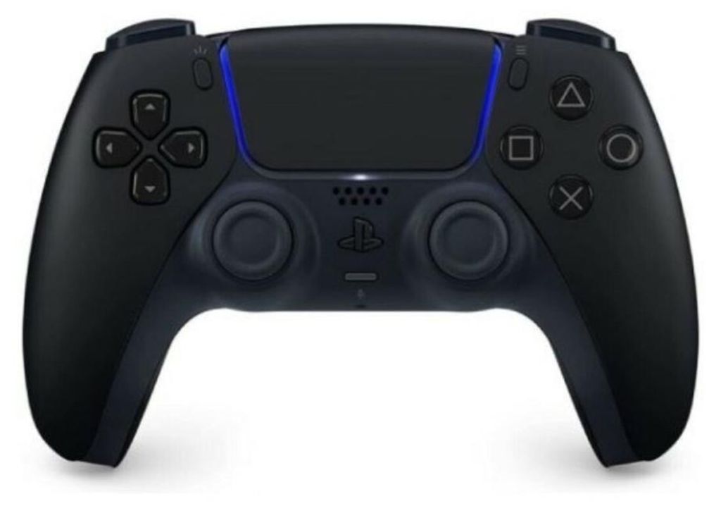 A black PlayStation 5 DualSense controller is shown from the front against a white background.