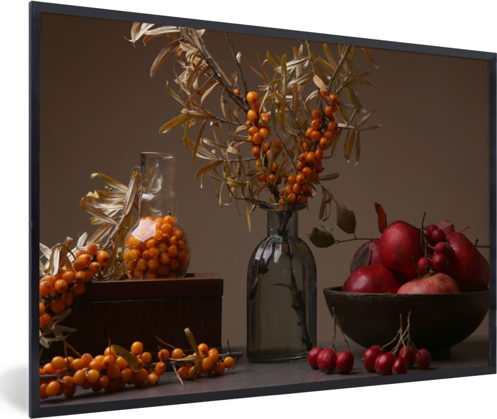 MuchoWow Gerahmtes Poster Obst - Vase - Stilleben 60x40 cm - Poster mit Schwarzem Bilderrahmen Wandposter Rahmen Foto Bilder - Printing - Wanddek...