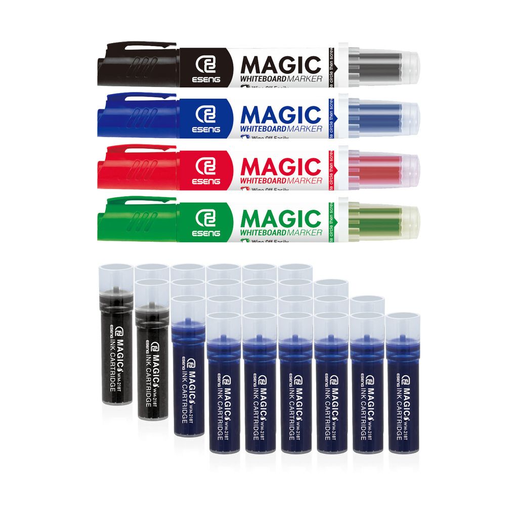 ESENG Magic WM-218 Whiteboard Marker & WM-218T Tintenpatrone, Paket inkl. Marker (1x4 Farben) & Tintenpatronen (12x Schwarz+12X Blau)