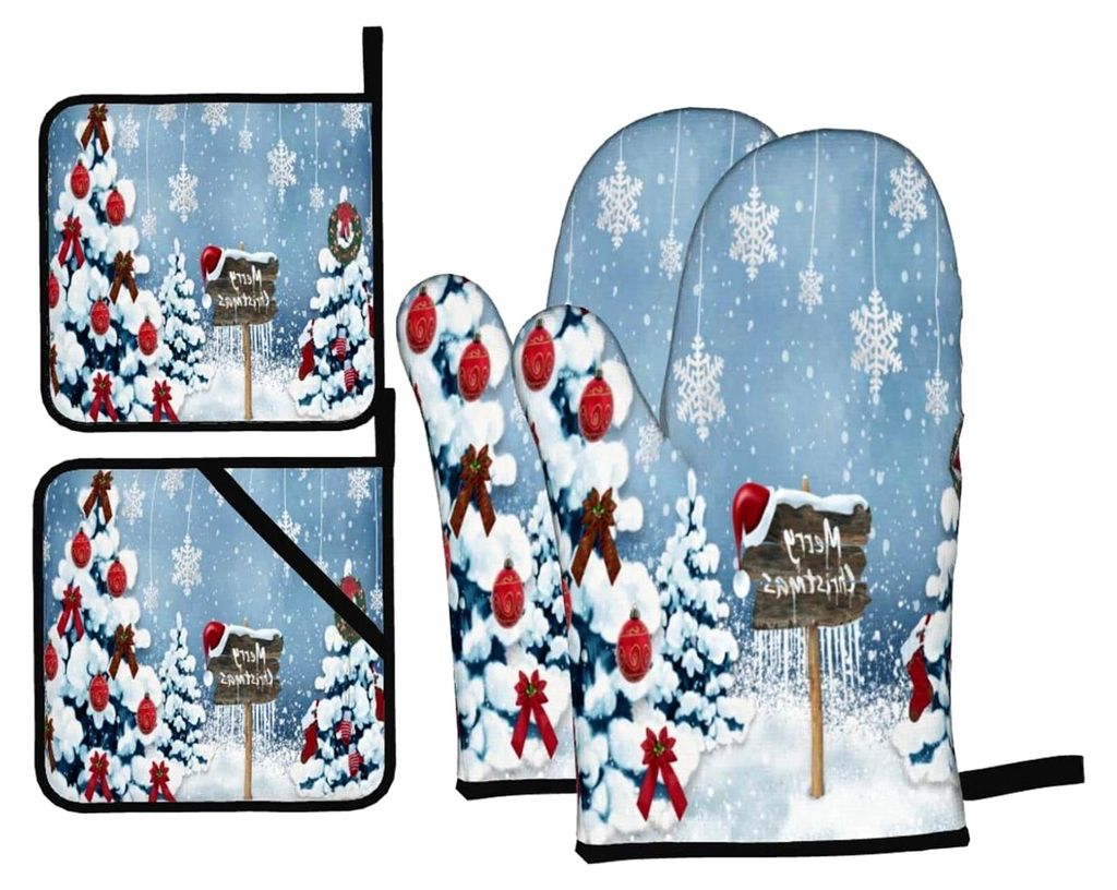 Ofenhandschuhe und Topflappen-Sets mit Weihnachtsmuster, 4 Stück, für Backen und Grillen