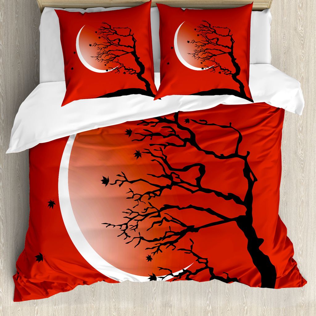 ABAKUHAUS Modern Bettbezug, Digitaler Szenebaum Mond, Milbensicher Allergiker geeignet mit Kissenbezügen, 200 cm x 200 cm - 80 x 80 cm, Rot Schwar...