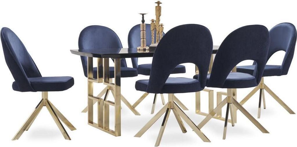 Designer Esszimmer Set Holztischplatte Edelstahlfüße Tisch Stühle 7tlg