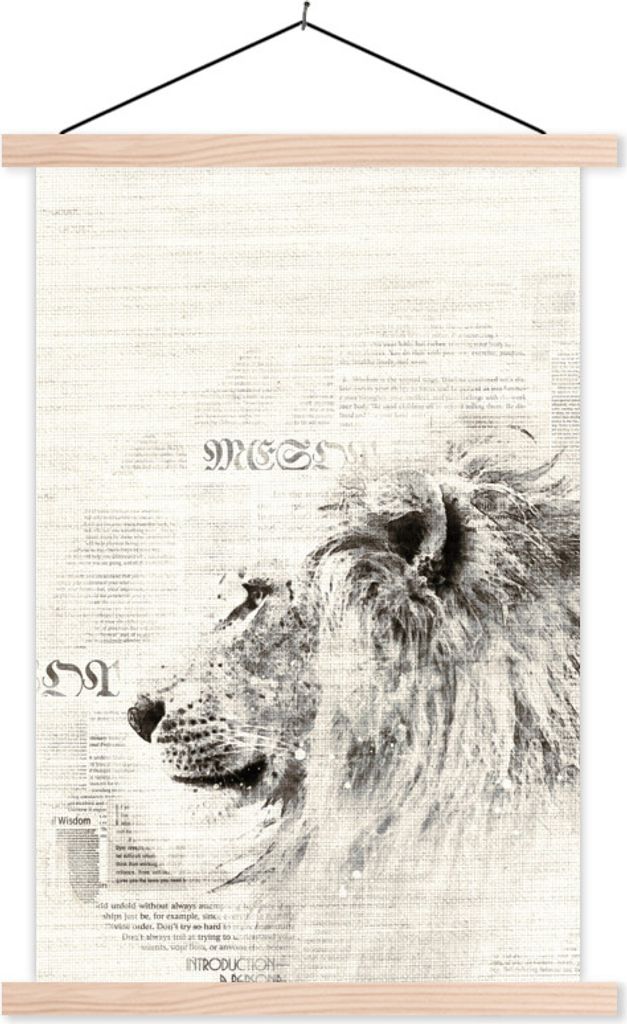 MuchoWow Textilposter Zeitung - Löwe - Schwarz - Weiß 120x180 cm mit holzfarbenen Rahmen - Textil-Plakat