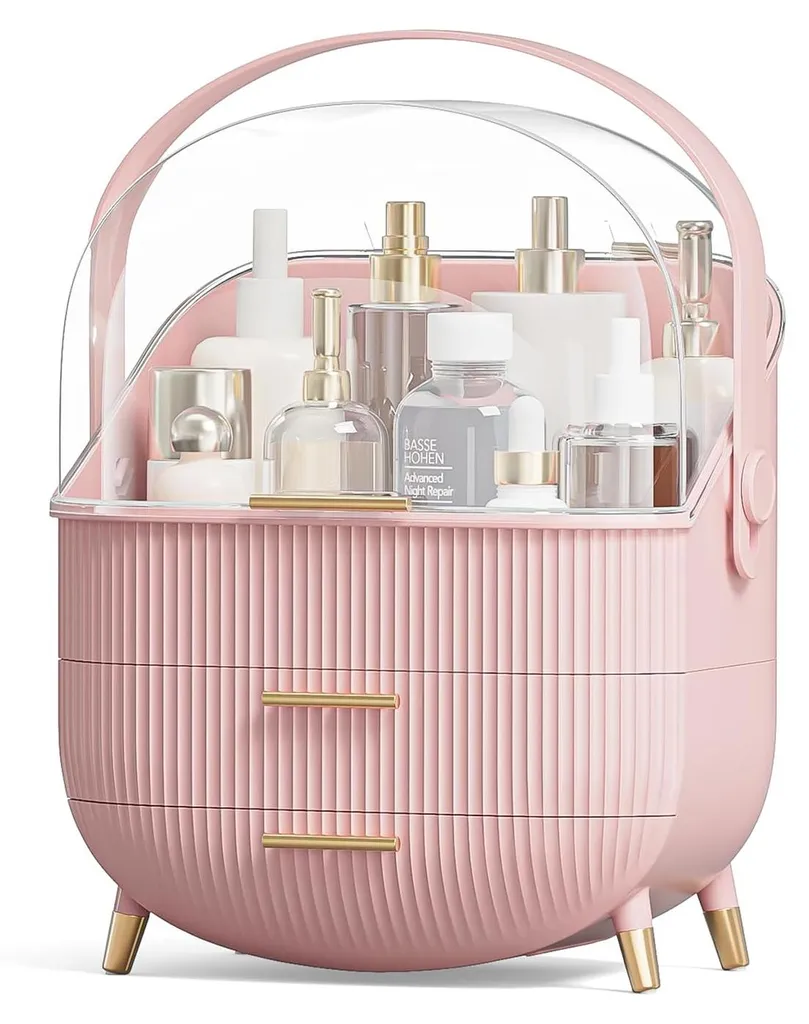 Boîte de rangement cosmétiques rose avec compartiments pour soins
