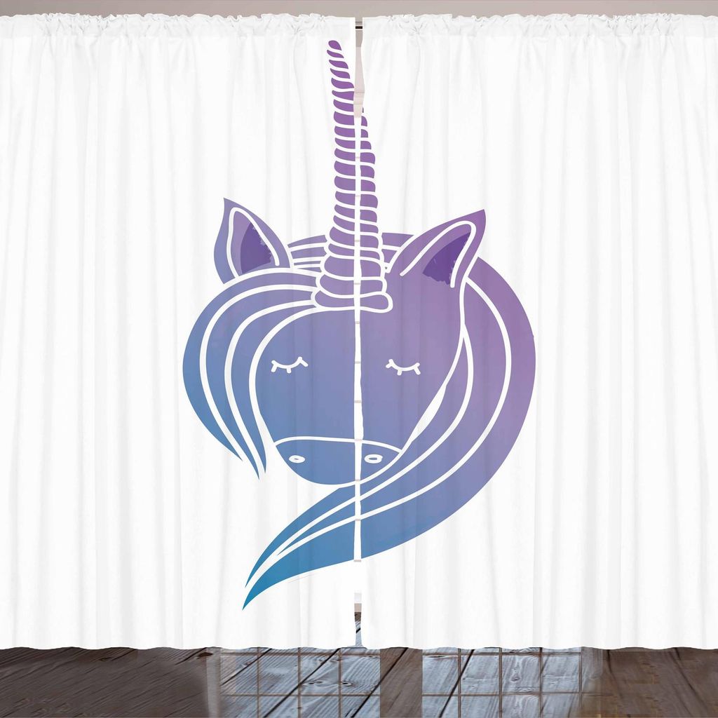 ARANDE Einhorn Gardine, Schattenbild eines mythischen Pferds mit Horn-Gekritzel-altem Geschöpf-Entwurf, 280 x 175 cm, Lavendel und Blau