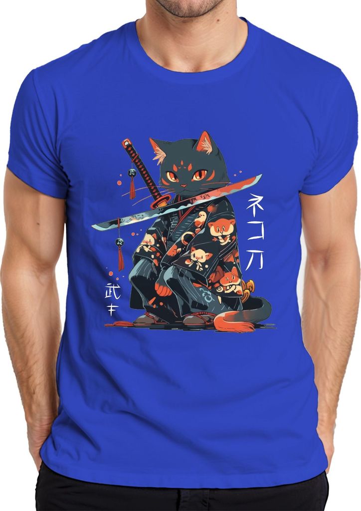 Samurai Katze Katana Kimono Kawaii Neko Japanisch Retro Manga Herren T-Shirt, Blau, XXL