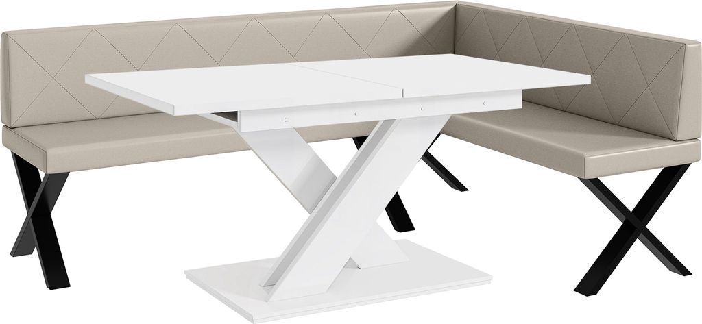 MEBLINI Eckbank für Esszimmer mit ausziehbarem Tisch - Küchenbank - Essecke - Sitzecke Küche - ERIC - X-Beine 142x196x87cm Rechts - Beige Kunstl...