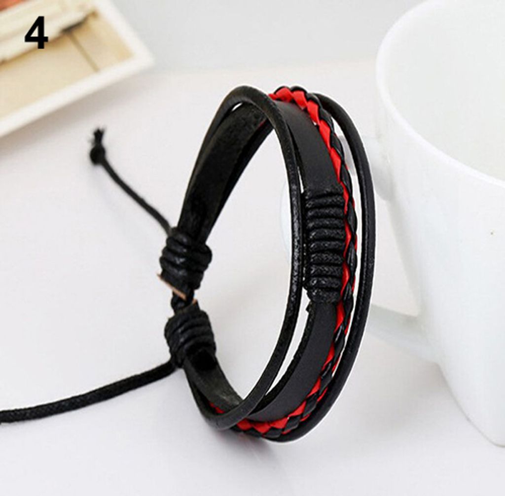 Uni Vintage Retro mehrschichtiges geflochtenes Kunstleder-Armband-Rot und Schwarz