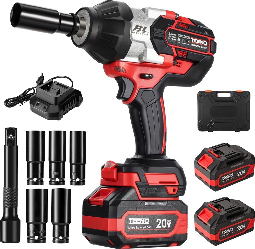 TEENO Akku Schlagschrauber 1300N.m mit 2x 4.0Ah Lithium Batterie,1/2 Zoll Bürstenloser Drehschlagschrauber Schraubenschlüssel mit 5 Stecknüsse