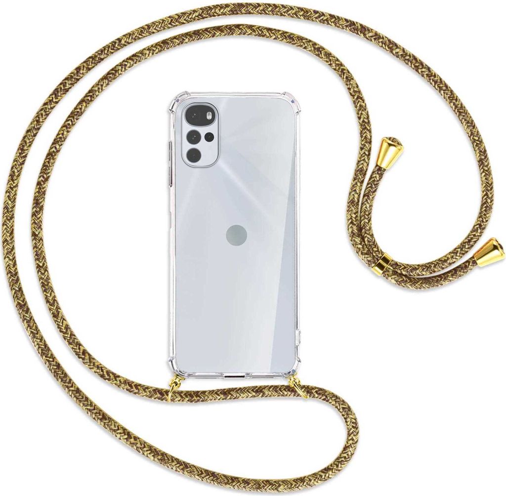 Handykette Backcover-Schutzhülle mit Band (Metall goldfarben) für Motorola Moto G22 4G - braun+beige