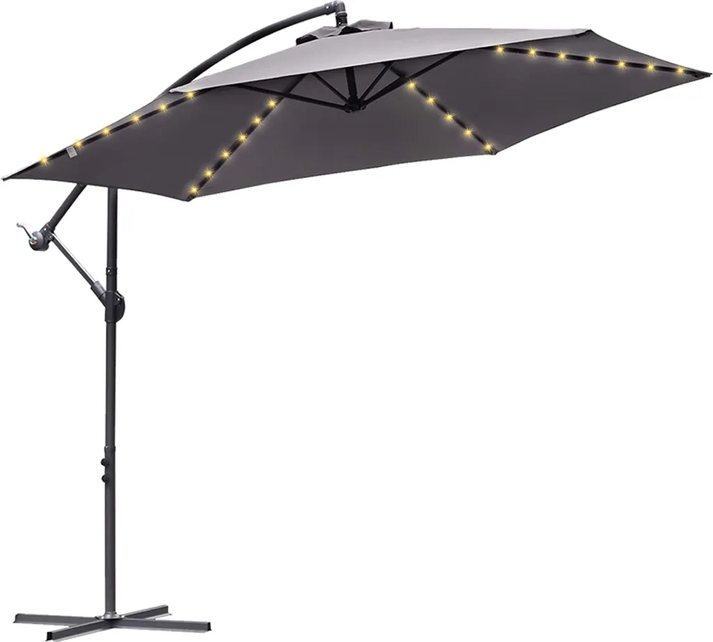 Jiubiaz ombrellone a sbalzo 300cm illuminazione LED e manovella - protezione UV idrorepellente pieghevole - ombrellone da mercato - grigio