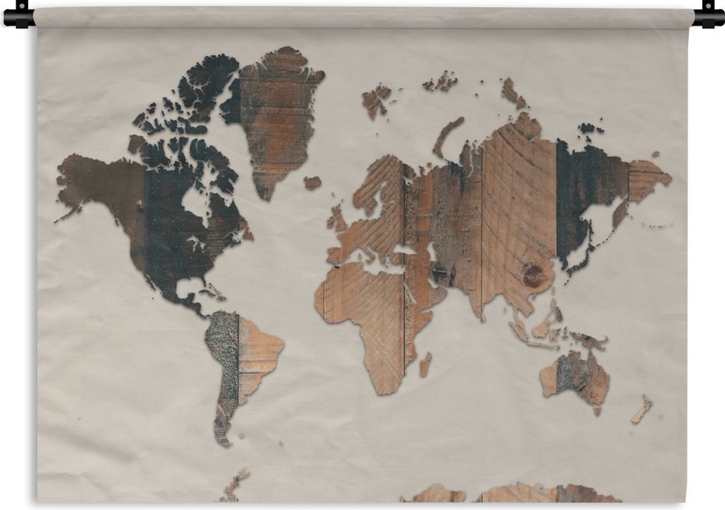 MuchoWow Wandteppich Wandbehang Weltkarte - Holz - Regal 90x67.5 cm Tapisserie Dekoration Wandtuch - Fototeppich - Wand-Skulpturen