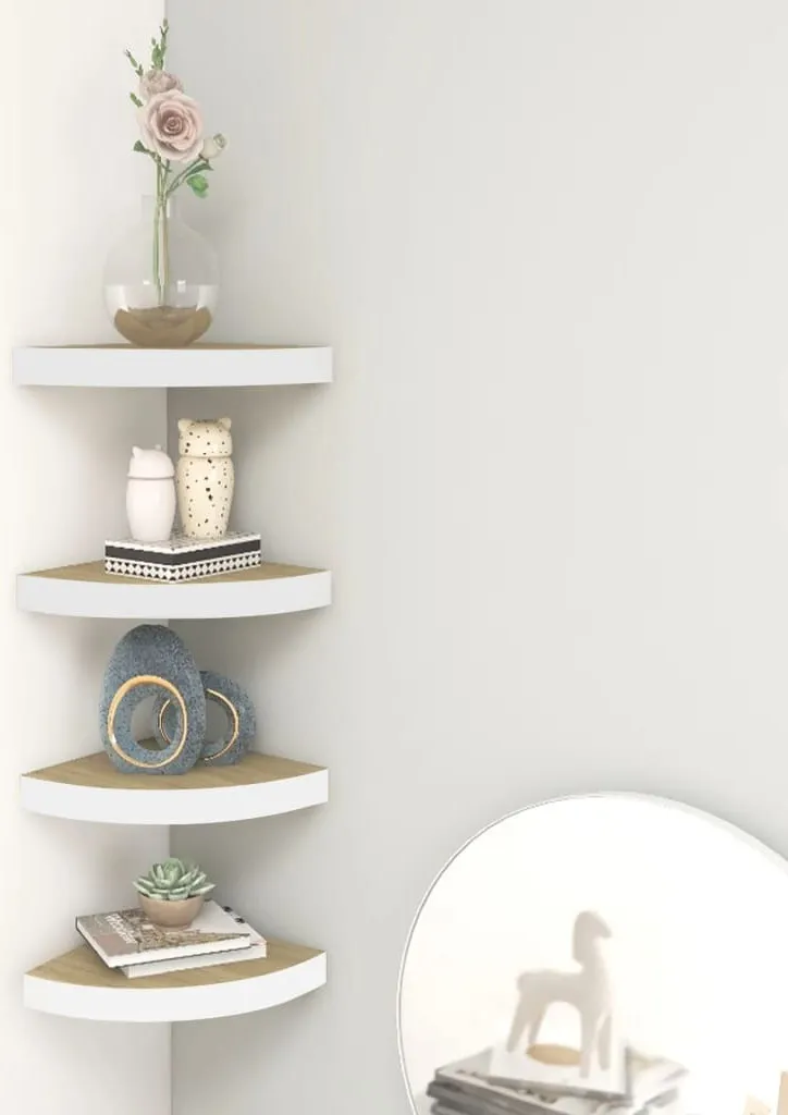 Offerta Set 4 Mensole Angolari Design Rovere e Bianco 25x25x3,8 cm