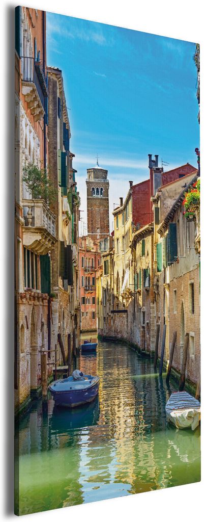 Wallario Premium Leinwandbild Urlaub in Venedig Kanal zwischen bunten Häusern in Größe 30 x 75 cm