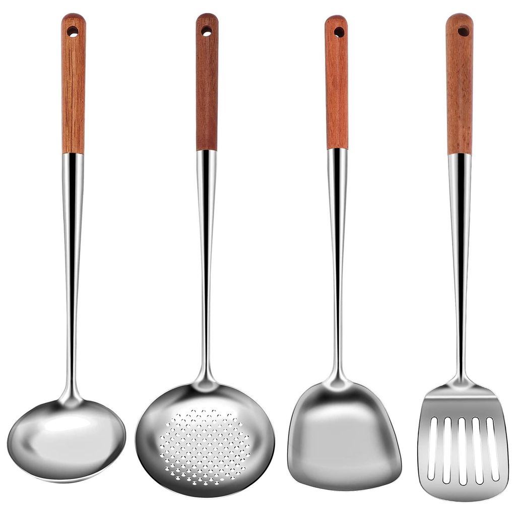 Wok-Spatel, Suppenkelle, Schaumlöffel, Suppenkelle mit langem Holzgriff, Schaumlöffel und Wok-Spatel aus Edelstahl, antihaftbeschichtetes chinesi...