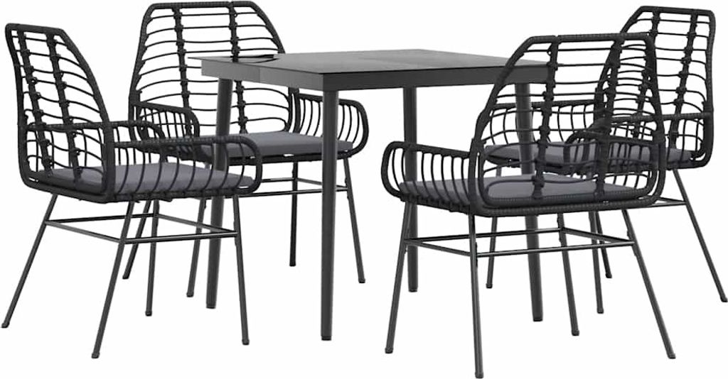 5-tlg. Garten-Essgruppe mit Kissen Schwarz Poly Rattan Glas