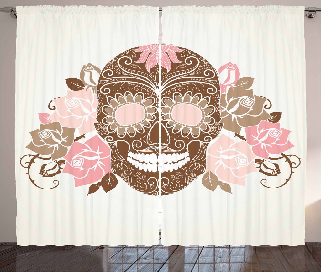 ABAKUHAUS Zuckerschädel Rustikaler Vorhang, Rosen und Dornen, Wohnzimmer Universalband Gardinen mit Schlaufen und Haken, 280 x 245 cm, Warm Taupe ...