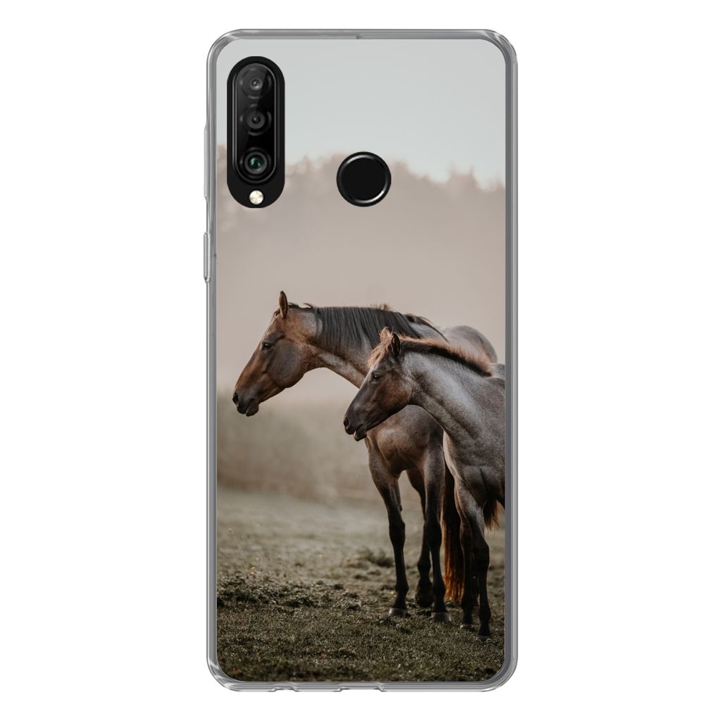 MuchoWow Handyhülle Schutzhülle Hülle für Huawei P30 Lite Pferde - Nebel - Wiese Silikon Softcase Handy Hülle - Handyhülle