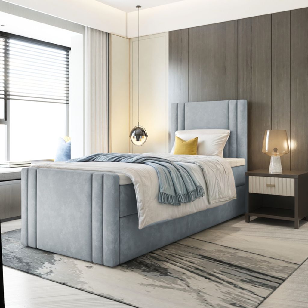 Bett Boxspringbett BEST MINI mit Fußteil, TOPPER T25, Bettkästen - Einzelbett, Stauraum, Schlafzimmer,Polsterbett (90x200, Grau - ITAKA 50)