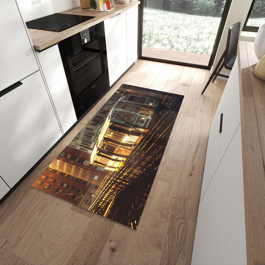 Küchenteppich 90x180cm rutschfest & abwischbar PVC Läufer - Stadtzug Sonnenuntergang