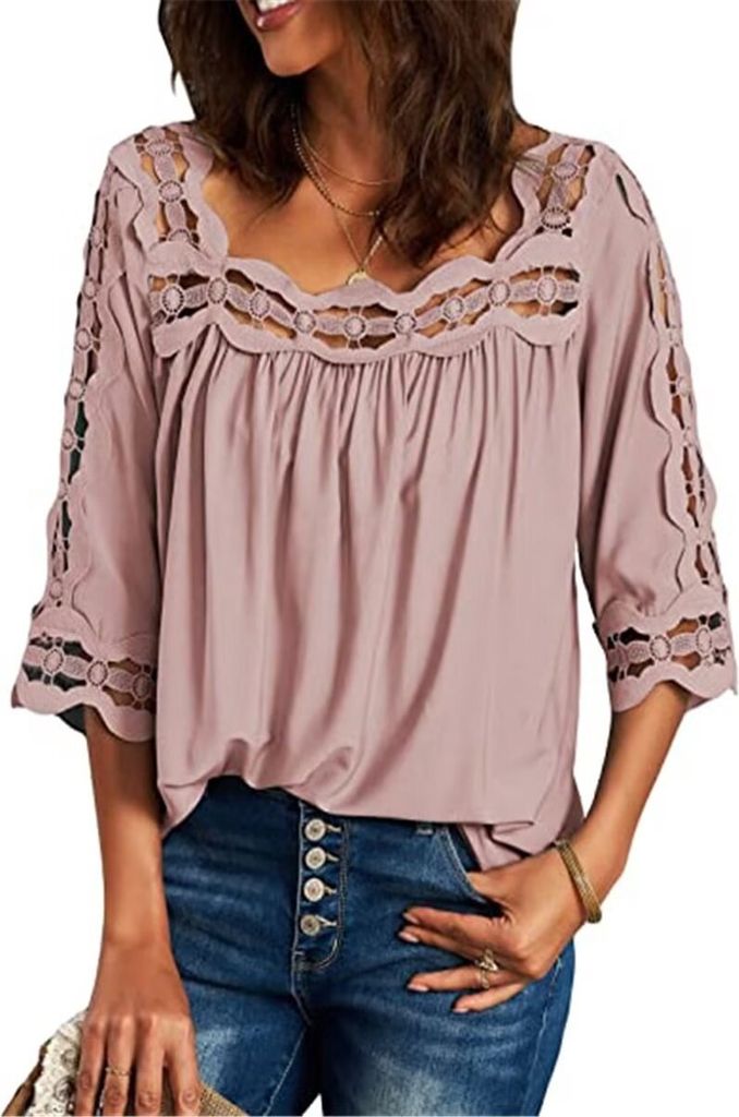 ASKSA Damen Spitze Hollow Bluse 3/4 Ärmel Square Neck Shirts Lose Oberteile, Rosa, XL
