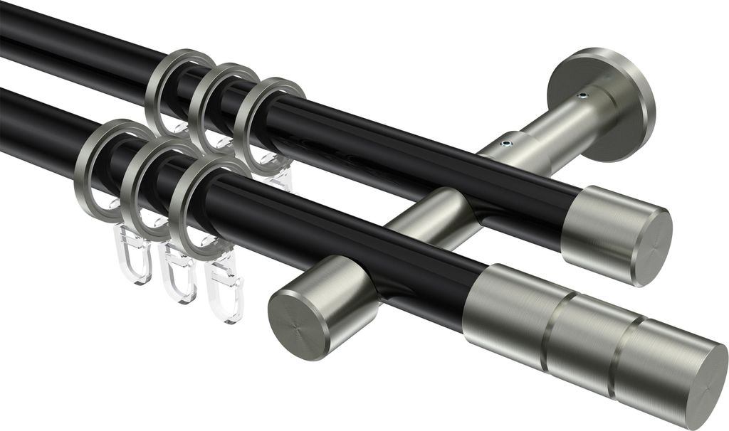 Interdeco Gardinenstange / Vorhangstange Schwarz / Edelstahl-Optik, Typ Prestige Elanto (Rillenzylinder), 20 mm Ø 2-läufig, 320 cm