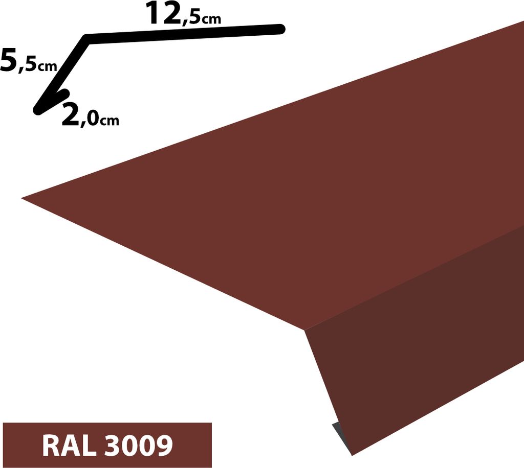A close-up illustration of a brown metal roof flashing with dimensions indicated by lines and text.