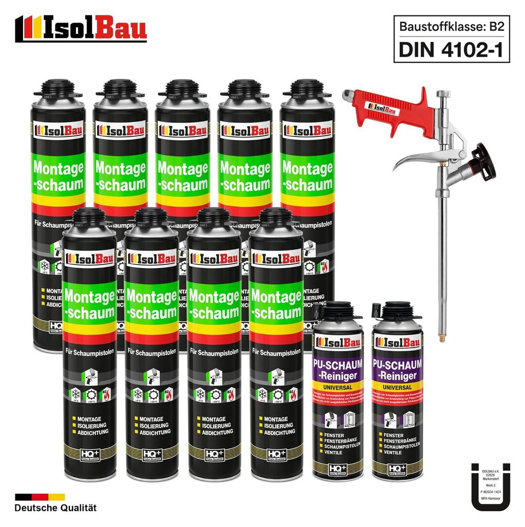 Isolbau Bauschaum-Set - Inkl. 9x Pistolenschaum (750 ml) & 2x PU-Reiniger (500 ml) & 1x Schaumpistole B2