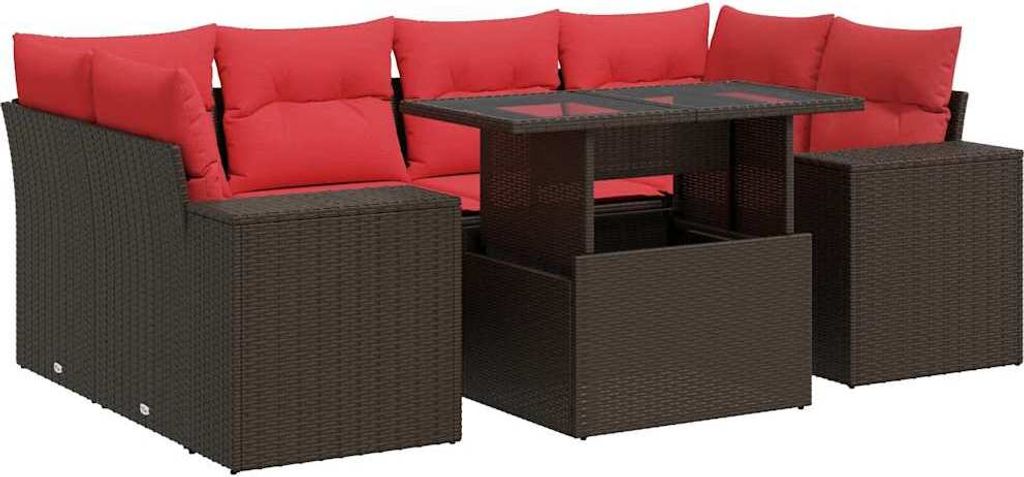 7-tlg. Garten-Sofagarnitur mit Kissen Braun Poly Rattan