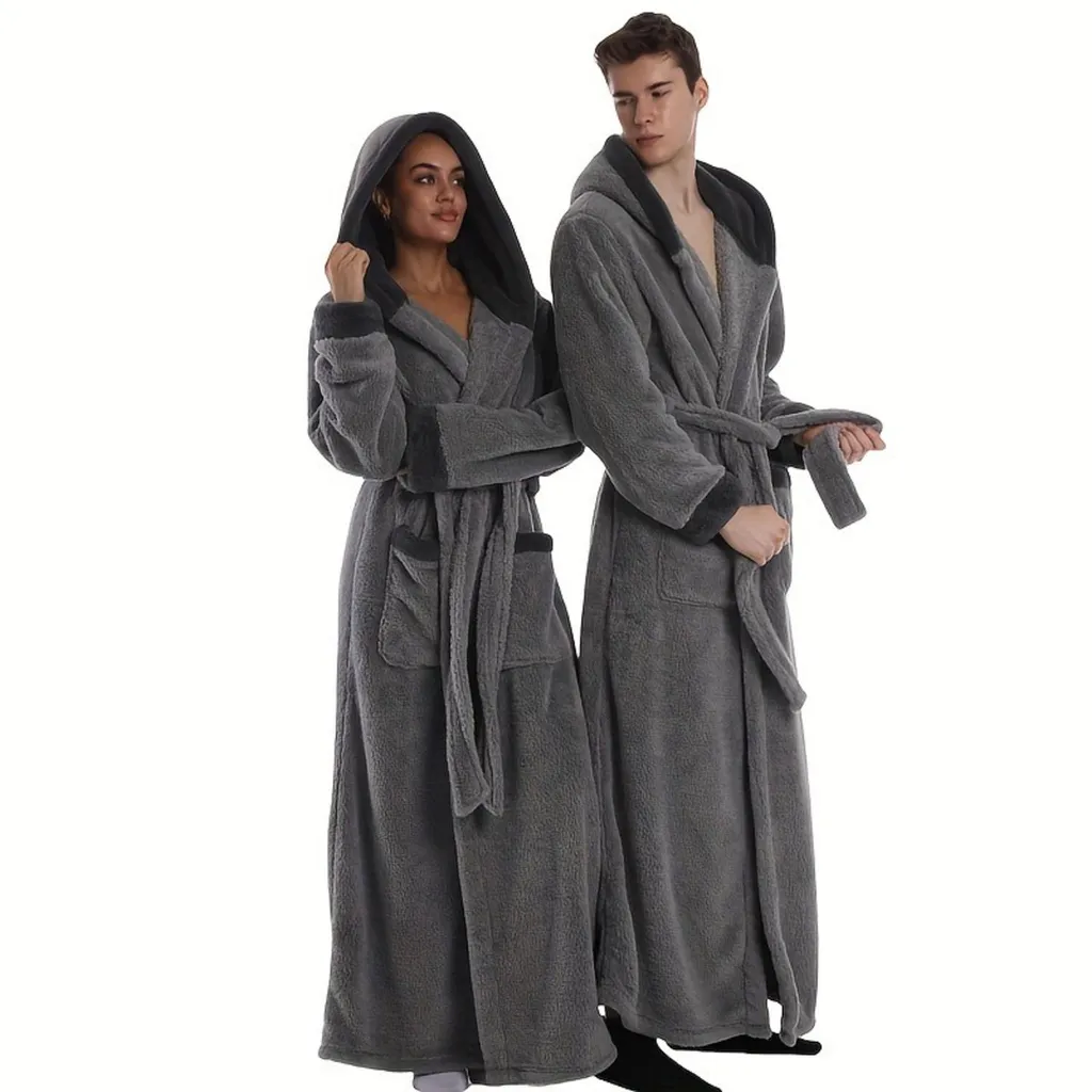 GM Apparel Accappatoio Uomo In Pile Sherpa Con Cappuccio - Nero/Grigio, Taglie Fino A XXL - 2 Tasche E Cintura