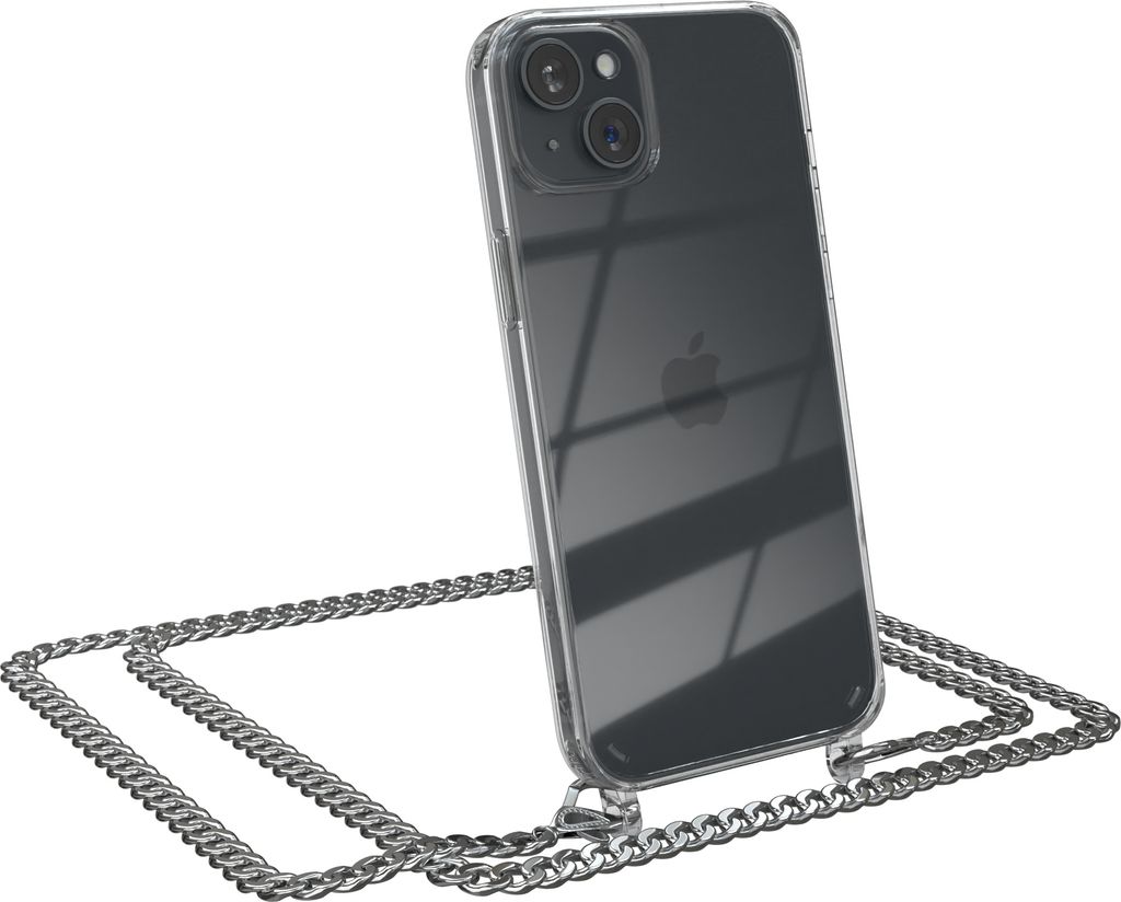 EAZY CASE Metall Handykette für Apple iPhone 15 Plus, Handyhülle mit Umhängeband, Silikonhülle, Metallkette für Smartphone in Silber