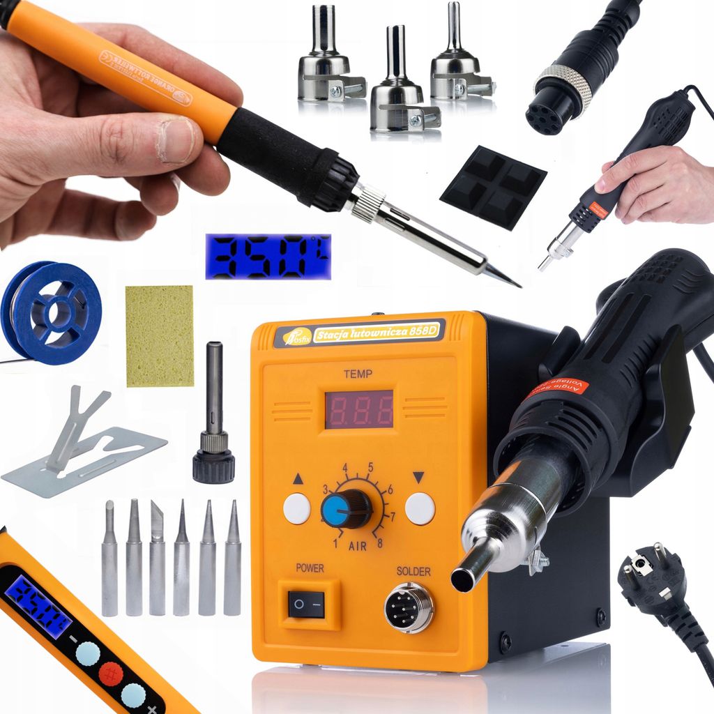 Rosfix Set Lötstation 858D + Präzisionslötkolben Electric S – 700W Heißluft, 60W Kolben, LCD, 100–500 °C | 6 Spitzen, 3 Düsen, ESD Safe |...